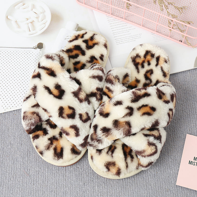 Faux Fur Crisscross Strap Slippers