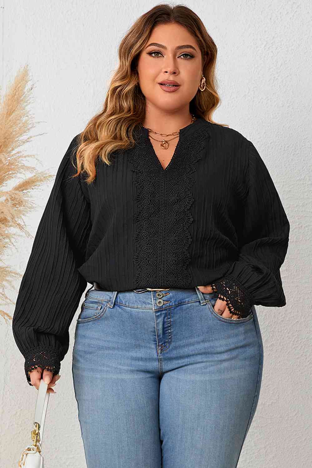 Plus Size Notched Neck Lace Detail Blouse