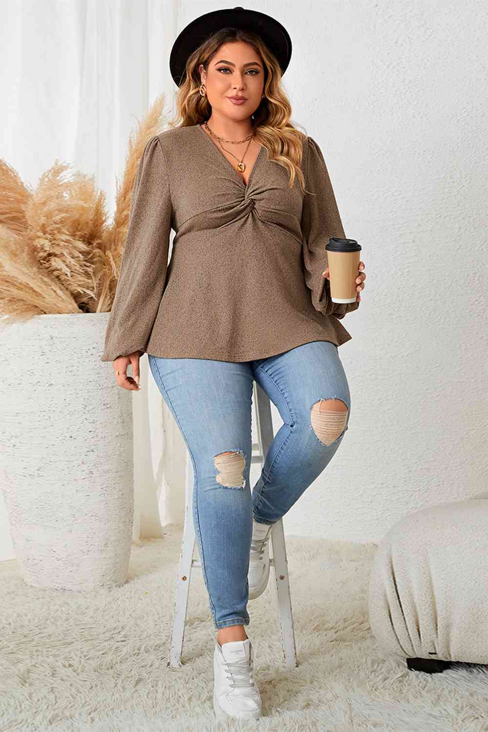 Plus Size Twist Front Balloon Sleeve Blouse