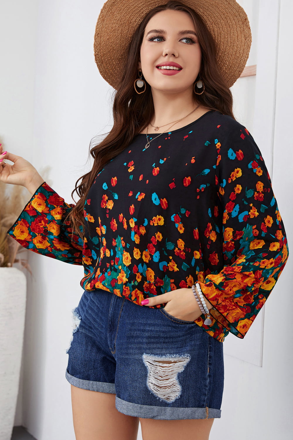 Melo Apparel Plus Size Floral Round Neck Long Sleeve Blouse