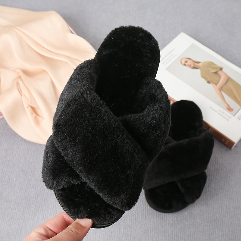 Faux Fur Crisscross Strap Slippers