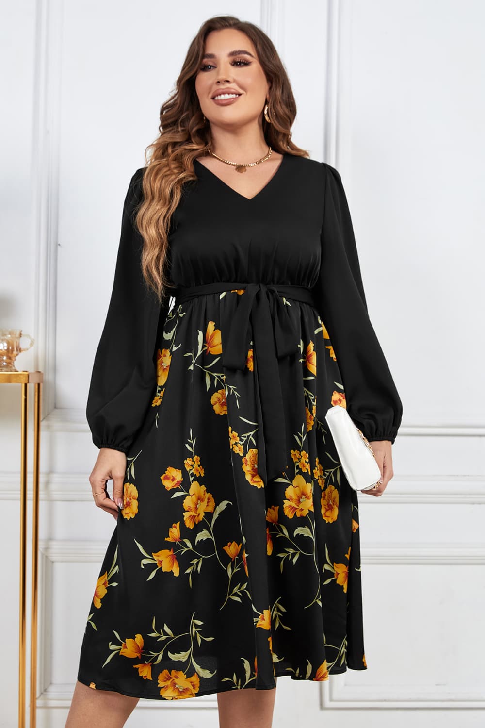 Melo Apparel Plus Size Floral Print Tie Belt V-Neck Balloon Sleeve Midi Dress